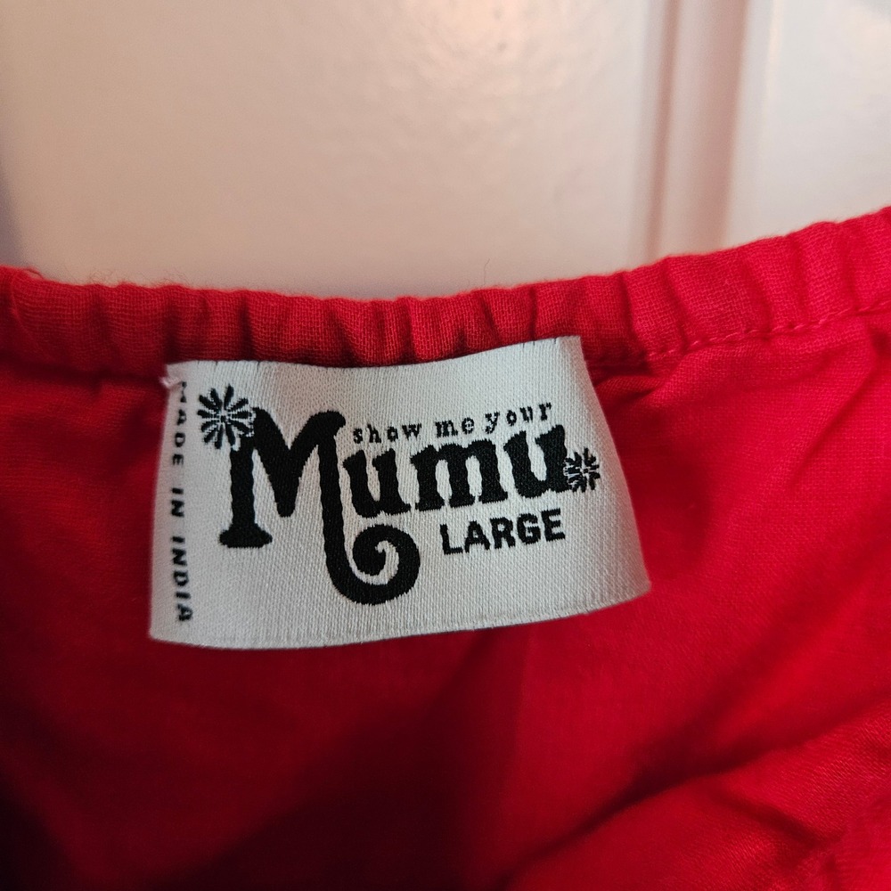 Show Me Your Mumu Lucy Mini Dress Large Cherry Eyelet Red Ruffle Tiered Cotton L - Picture 3 of 8